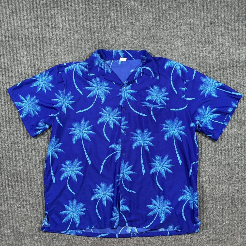 King Kamehameha Button Up Hawaiian Shirt Mens Size 5XL Blue Palm Tree Aloha